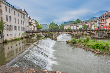 Panoramic view of the Salat river and dam. Saint Girons. Ariege France