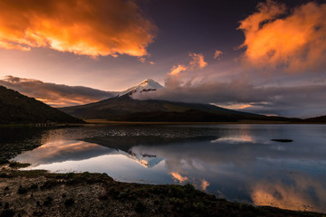 The vulcano Cotopaxi with snowy peak in the morning light