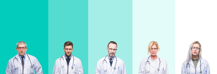 Collage of group of doctor people wearing stethoscope over colorful isolated background skeptic and nervous, frowning upset because of problem. Negative person.