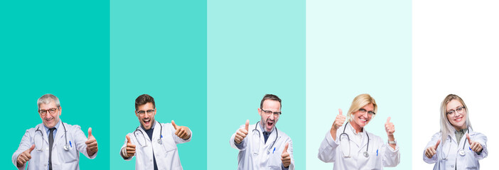 Collage of group of doctor people wearing stethoscope over colorful isolated background approving doing positive gesture with hand, thumbs up smiling and happy for success. Looking at the camera
