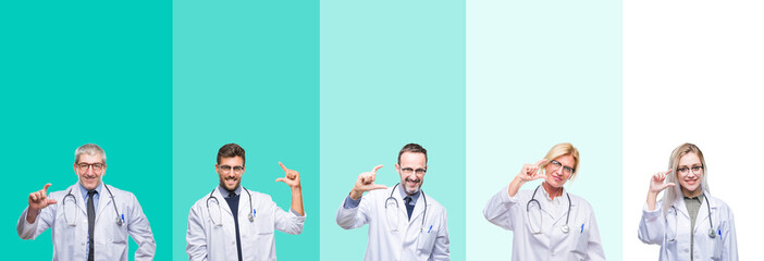 Fototapeta premium Collage of group of doctor people wearing stethoscope over colorful isolated background smiling and confident gesturing with hand doing size sign with fingers while looking and the camera