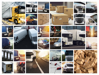 Collage composition with vans and trucks. Concept of transport and logistic