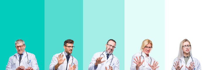 Fototapeta premium Collage of group of doctor people wearing stethoscope over colorful isolated background disgusted expression, displeased and fearful doing disgust face because aversion reaction. With hands raised