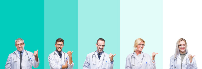 Collage of group of doctor people wearing stethoscope over colorful isolated background smiling with happy face looking and pointing to the side with thumb up.