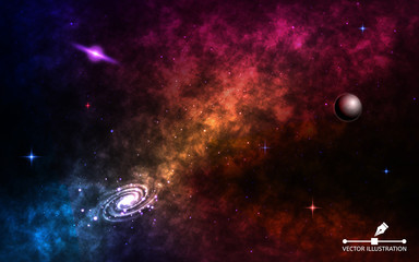 Space background realistic. Cosmos with stardust and shining stars. Spiral galaxy with planet, milky way and colorful nebula. layered cosmic backdrop. Vector illustration