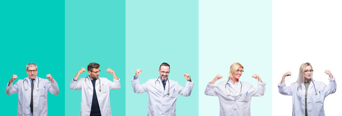 Collage of group of doctor people wearing stethoscope over colorful isolated background showing arms muscles smiling proud. Fitness concept.