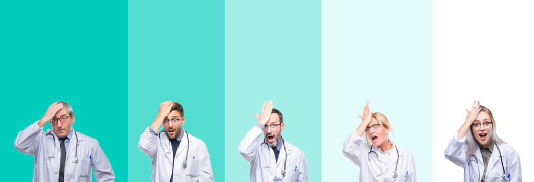 Collage of group of doctor people wearing stethoscope over colorful isolated background surprised with hand on head for mistake, remember error. Forgot, bad memory concept.