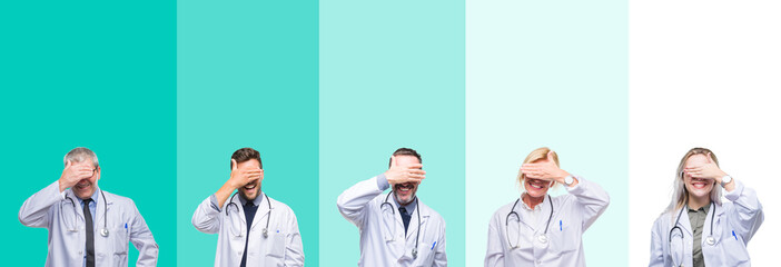 Collage of group of doctor people wearing stethoscope over colorful isolated background smiling and laughing with hand on face covering eyes for surprise. Blind concept.