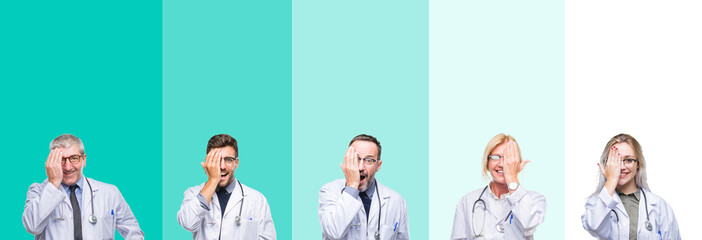 Collage of group of doctor people wearing stethoscope over colorful isolated background covering...