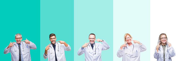 Collage of group of doctor people wearing stethoscope over colorful isolated background smiling confident showing and pointing with fingers teeth and mouth. Health concept.