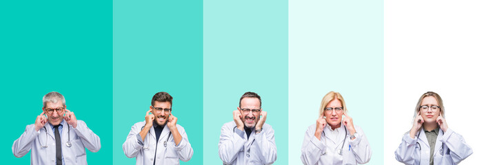 Collage of group of doctor people wearing stethoscope over colorful isolated background covering ears with fingers with annoyed expression for the noise of loud music. Deaf concept.