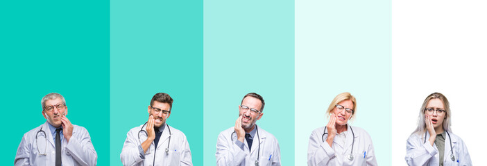 Collage of group of doctor people wearing stethoscope over colorful isolated background touching mouth with hand with painful expression because of toothache or dental illness on teeth