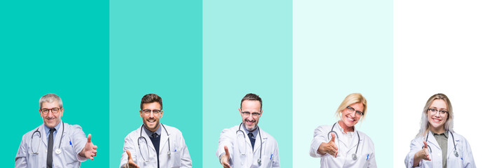 Collage of group of doctor people wearing stethoscope over colorful isolated background smiling friendly offering handshake as greeting and welcoming. Successful business.