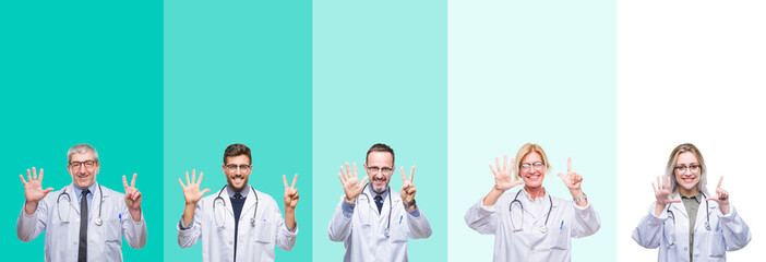 Collage of group of doctor people wearing stethoscope over colorful isolated background showing and pointing up with fingers number seven while smiling confident and happy.