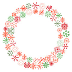 Vector winter wreath with snowflakes in red and green Christmas colors for greeting cards and decor