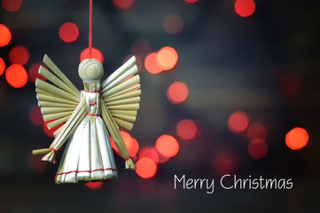 Merry Christmas card with handmade Christmas angel straw ornament 