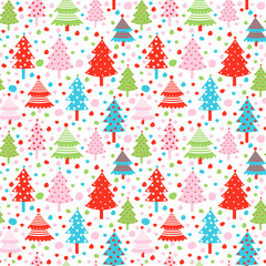 Seamless vector pattern with Christmas tree in pink, blue and red color