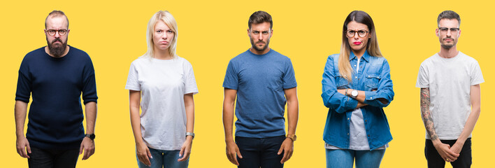 Collage of group people, women and men over colorful yellow isolated background skeptic and nervous, frowning upset because of problem. Negative person.