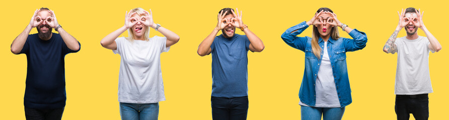 Collage of group people, women and men over colorful yellow isolated background doing ok gesture like binoculars sticking tongue out, eyes looking through fingers. Crazy expression.