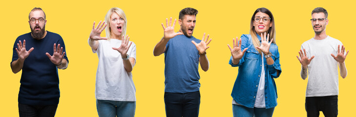 Collage of group people, women and men over colorful yellow isolated background afraid and terrified with fear expression stop gesture with hands, shouting in shock. Panic concept.