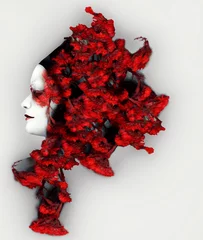 Rolgordijnen Beautiful artistic female profile with an extravagant vivid red color headdress © vali_111