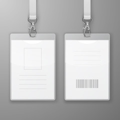 Two Vector Realistic Blank Office Graphic Id Cards with Clasp and Lanyard Closeup Isolated. Front and Back Side. Design Template of Identification Card for Mockup. Identity Card Mock-up in Top View