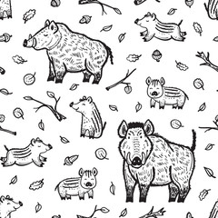 Boars Vector Seamless pattern. Background with Hand Drawn Doodle Wild Pig and Wild Boar Piglet. Cartoon Cute Animals Collection. Chinese Zodiac Animal. Symbol of Lunar Chinese New Year 2019