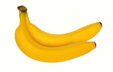 Two ripe yellow sweet bananas isolated on white background close up