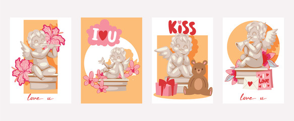 Valentine day cards angel statue vector illustration. Angelic cupid sculptures with flowers, musical instruments, gifts in cards.