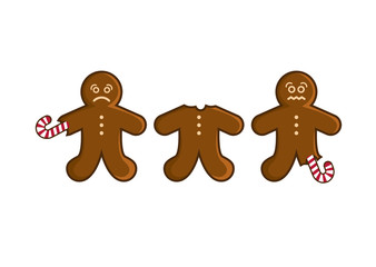 Sad gingerbread man vector illustration. Gingerbread isolated on a white background. I hate Christmas picture. Christmas gingerbread man cartoon. Eaten gingerbread man vector. Funny Christmas Card