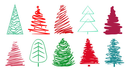 Christmas trees on white. Set for design on isolated background. Geometric art. Universal colored collection. Elements for banners, posters, t-shirts and textiles