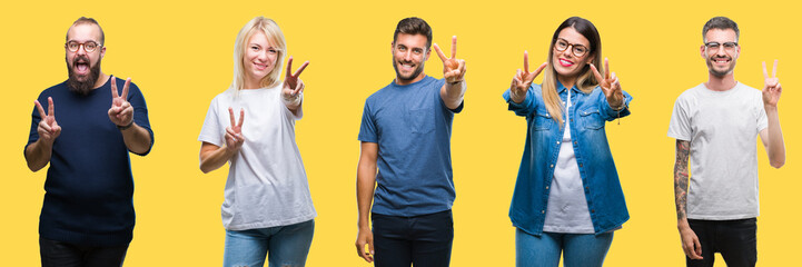 Collage of group people, women and men over colorful yellow isolated background smiling looking to...