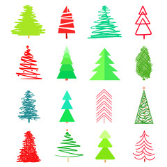 Christmas trees on white. Set for icons on isolated background. Geometric art. Universal coloful collection for trendy design. Abstract objects for flyers, posters, t-shirts and textiles