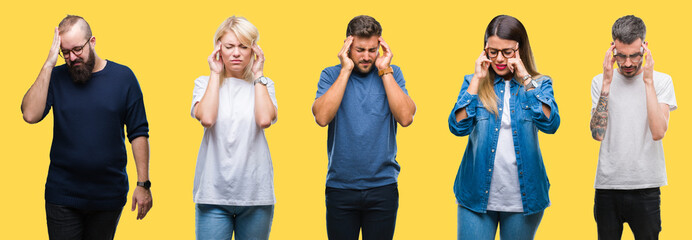 Collage of group people, women and men over colorful yellow isolated background with hand on head for pain in head because stress. Suffering migraine.