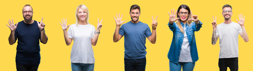 Collage of group people, women and men over colorful yellow isolated background showing and pointing up with fingers number seven while smiling confident and happy.