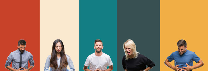 Obraz premium Collage of different ethnics young people over colorful stripes isolated background with hand on stomach because indigestion, painful illness feeling unwell. Ache concept.
