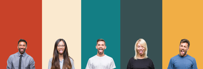 Fototapeta premium Collage of different ethnics young people over colorful stripes isolated background sticking tongue out happy with funny expression. Emotion concept.