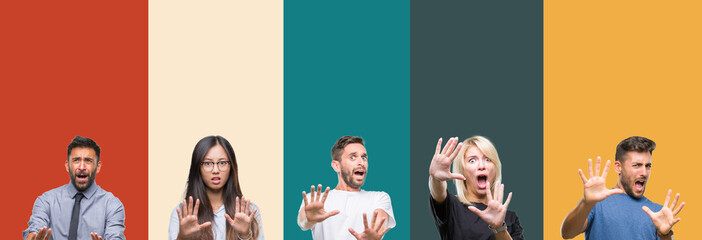 Collage of different ethnics young people over colorful stripes isolated background afraid and terrified with fear expression stop gesture with hands, shouting in shock. Panic concept.