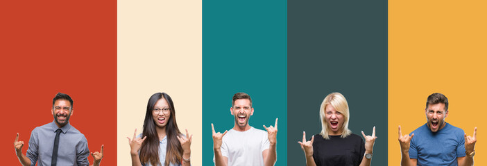Collage of different ethnics young people over colorful stripes isolated background shouting with crazy expression doing rock symbol with hands up. Music star. Heavy concept.