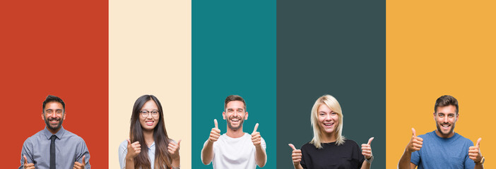 Obraz premium Collage of different ethnics young people over colorful stripes isolated background success sign doing positive gesture with hand, thumbs up smiling and happy. Looking at the camera