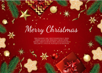Fototapeta na wymiar Banner with vector christmas tree branches, gold stars, christmas balls and space for text.