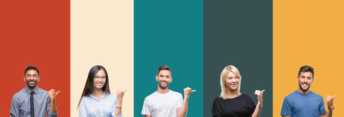 Obraz premium Collage of different ethnics young people over colorful stripes isolated background smiling with happy face looking and pointing to the side with thumb up.