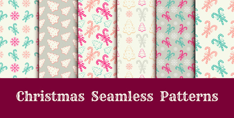 Christmas Seamless Patterns for Holiday Scrapbooking or Gift Wrapping Papers. Xmas Textures Set with Pepprmint Candy Cane Stick with Bow, Snowflakes and Pine Tree Cookies or Biscuits for 2019 New year