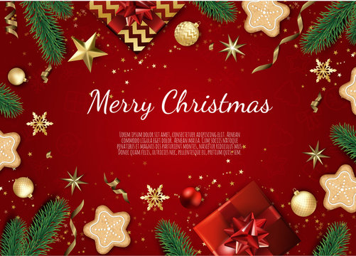 Banner with vector christmas tree branches, gold stars, christmas balls and space for text.