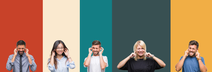Collage of different ethnics young people over colorful stripes isolated background covering ears with fingers with annoyed expression for the noise of loud music. Deaf concept.