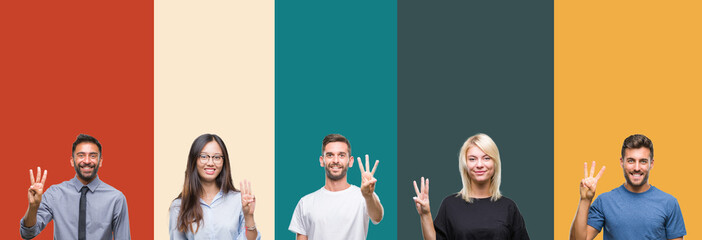 Collage of different ethnics young people over colorful stripes isolated background showing and pointing up with fingers number three while smiling confident and happy.