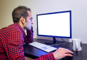 Man Stares at Office Computer Desk Mockup