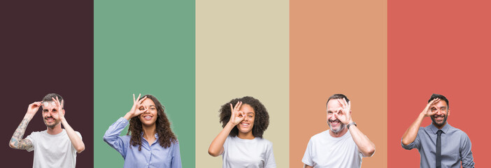 Obraz premium Collage of group of young and senior people over colorful isolated background doing ok gesture with hand smiling, eye looking through fingers with happy face.