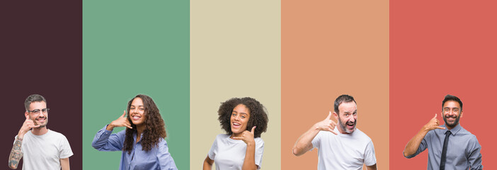 Collage of group of young and senior people over colorful isolated background smiling doing phone gesture with hand and fingers like talking on the telephone. Communicating concepts.
