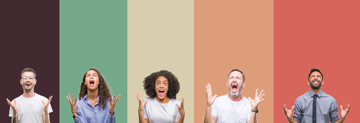 Collage of group of young and senior people over colorful isolated background crazy and mad shouting and yelling with aggressive expression and arms raised. Frustration concept.